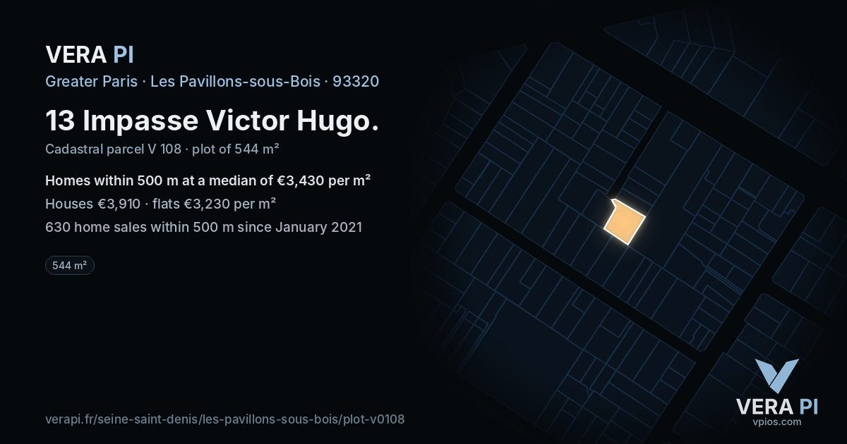 13 Impasse Victor Hugo, Les Pavillons-sous-Bois at night – the plot lit, the parcels around coloured by the prices near them