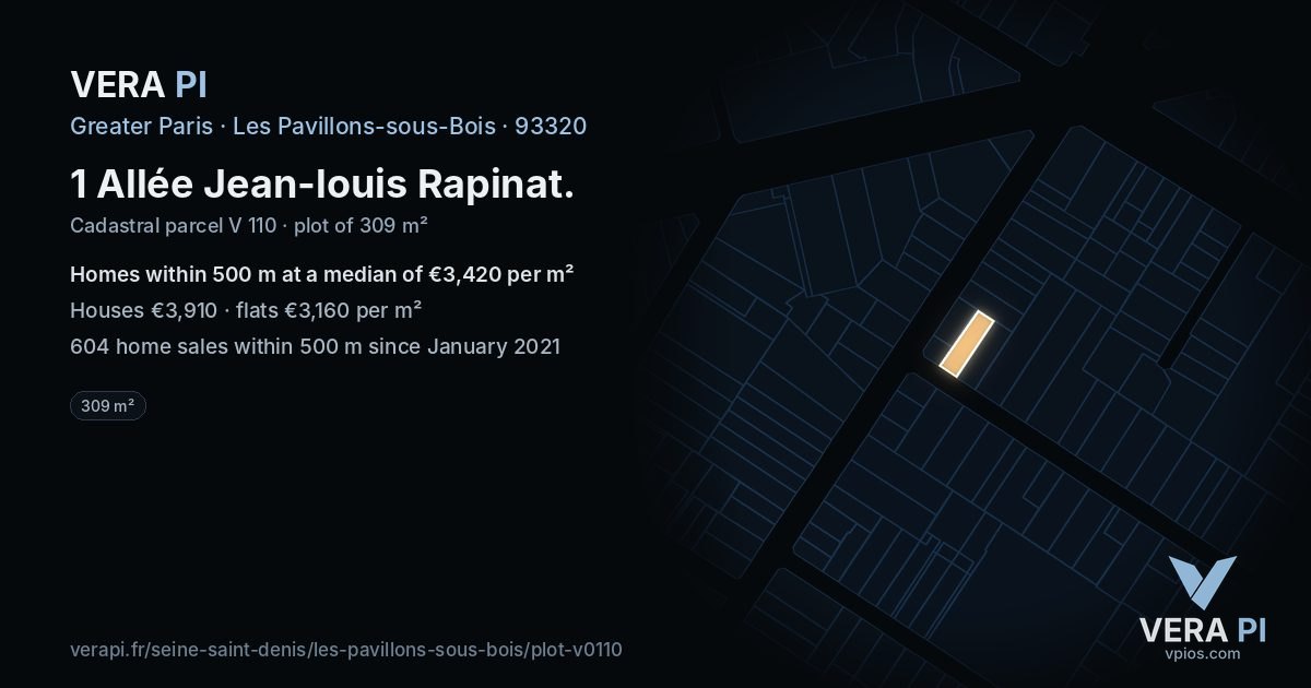 1 Allée Jean-louis Rapinat, Les Pavillons-sous-Bois at night – the plot lit, the parcels around coloured by the prices near them
