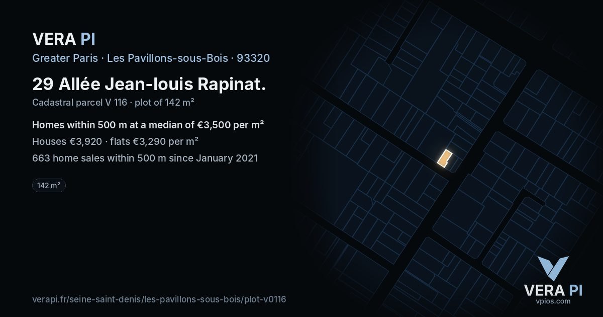 29 Allée Jean-louis Rapinat, Les Pavillons-sous-Bois at night – the plot lit, the parcels around coloured by the prices near them