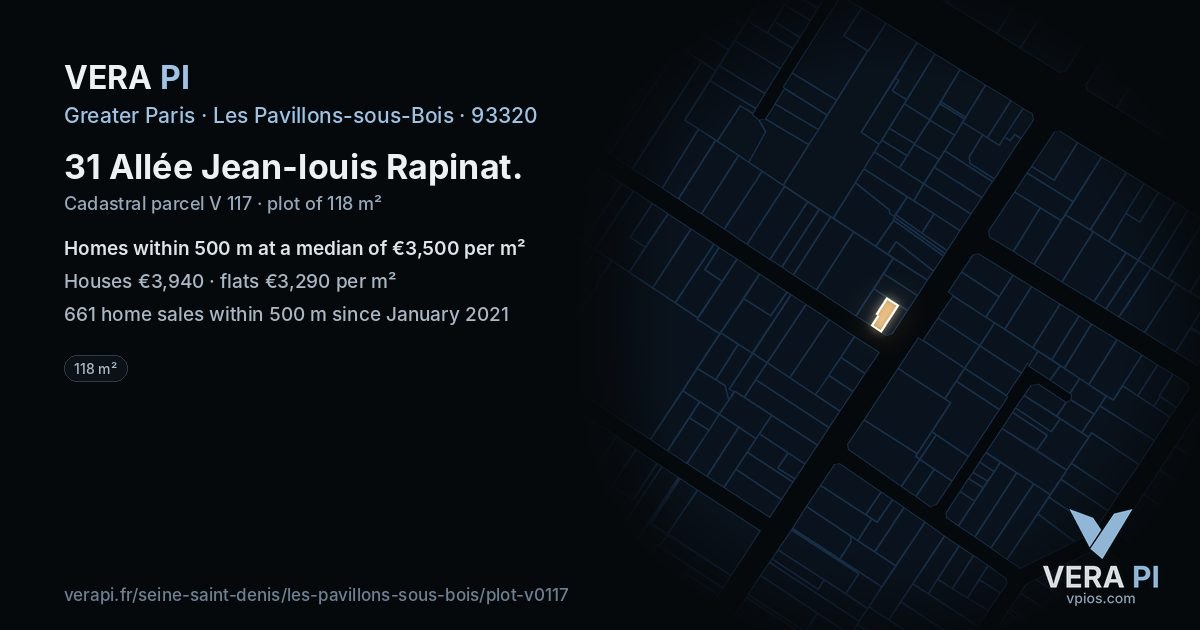 31 Allée Jean-louis Rapinat, Les Pavillons-sous-Bois at night – the plot lit, the parcels around coloured by the prices near them