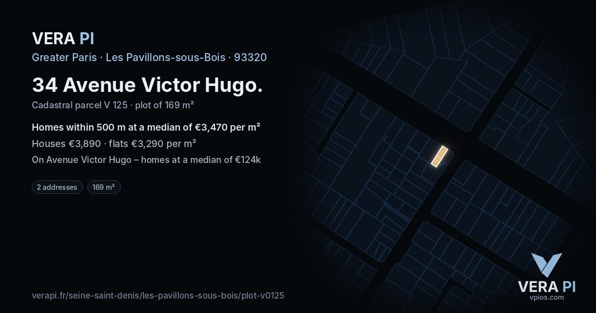 34 Avenue Victor Hugo, Les Pavillons-sous-Bois at night – the plot lit, the parcels around coloured by the prices near them