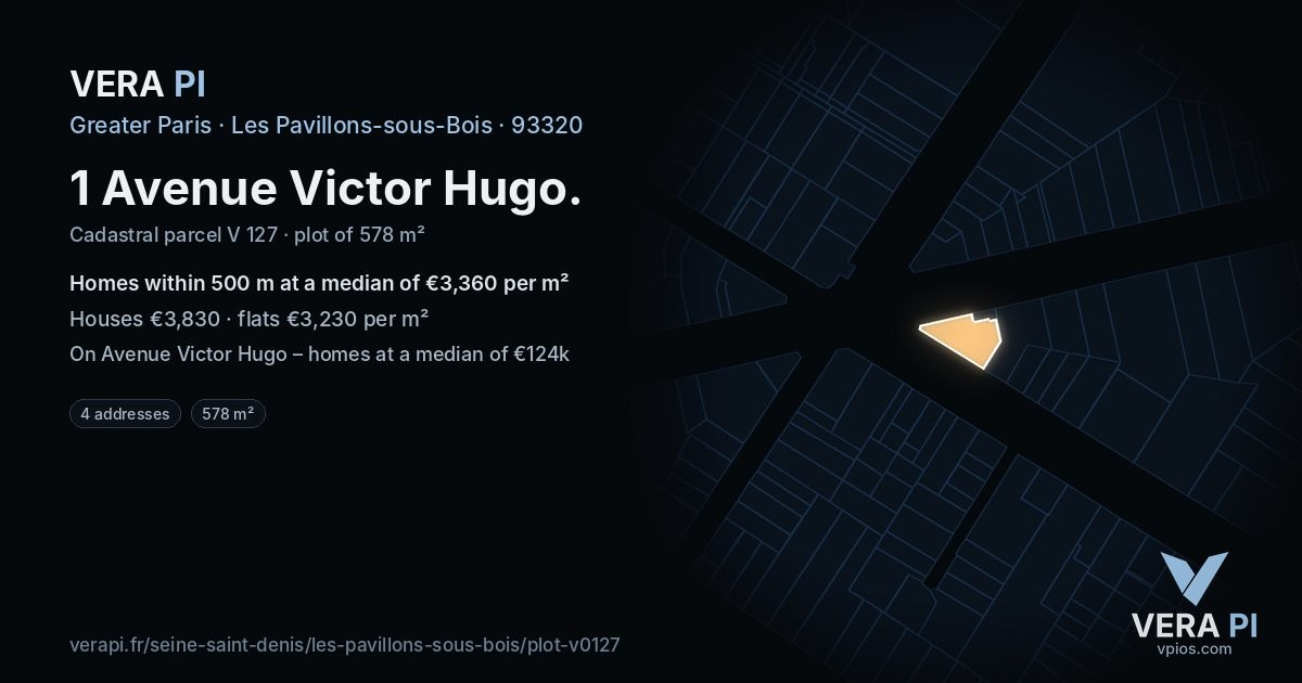 1 Avenue Victor Hugo, Les Pavillons-sous-Bois at night – the plot lit, the parcels around coloured by the prices near them