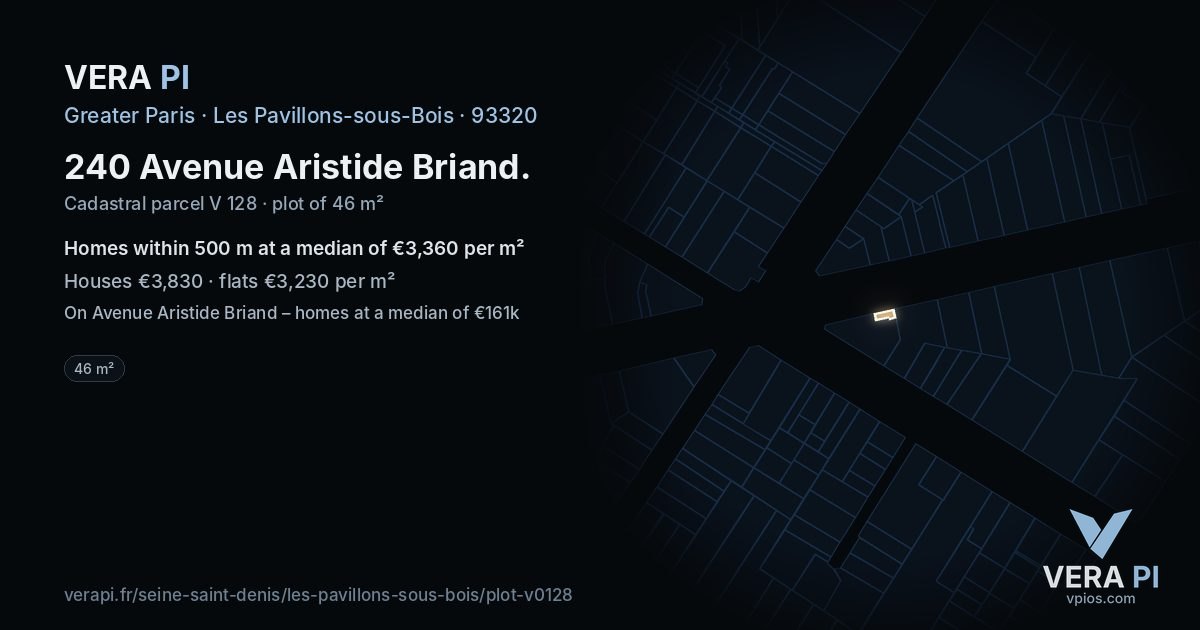 240 Avenue Aristide Briand, Les Pavillons-sous-Bois at night – the plot lit, the parcels around coloured by the prices near them