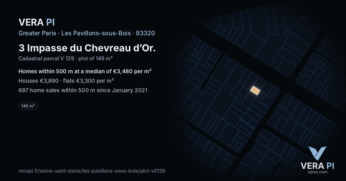 3 Impasse du Chevreau d’Or, Les Pavillons-sous-Bois at night – the plot lit, the parcels around coloured by the prices near them