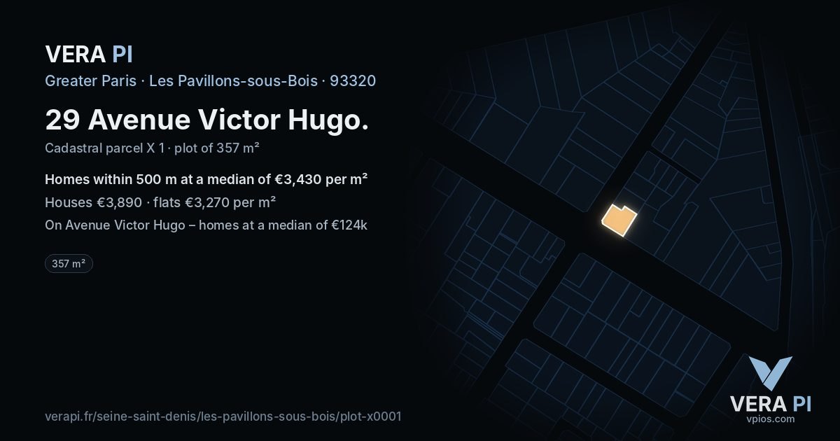 29 Avenue Victor Hugo, Les Pavillons-sous-Bois at night – the plot lit, the parcels around coloured by the prices near them