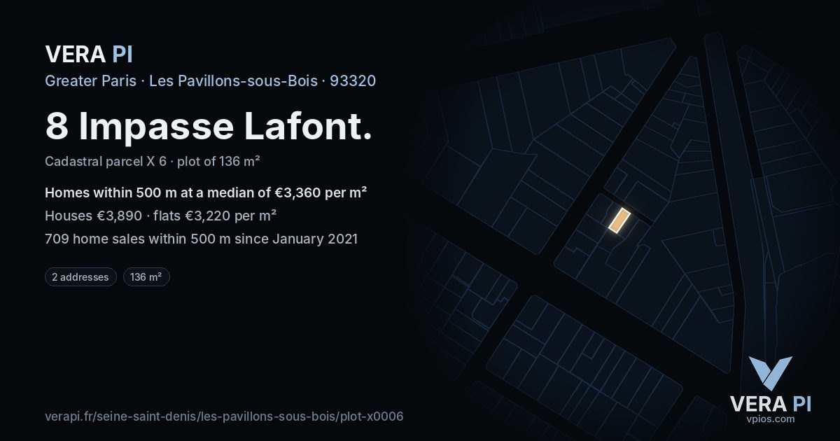 8 Impasse Lafont, Les Pavillons-sous-Bois at night – the plot lit, the parcels around coloured by the prices near them