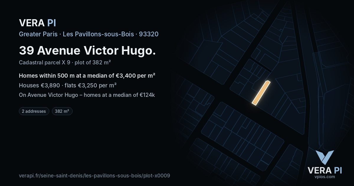 39 Avenue Victor Hugo, Les Pavillons-sous-Bois at night – the plot lit, the parcels around coloured by the prices near them