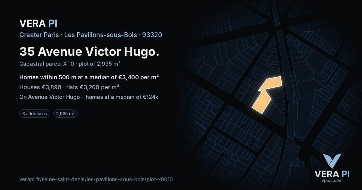 35 Avenue Victor Hugo, Les Pavillons-sous-Bois at night – the plot lit, the parcels around coloured by the prices near them