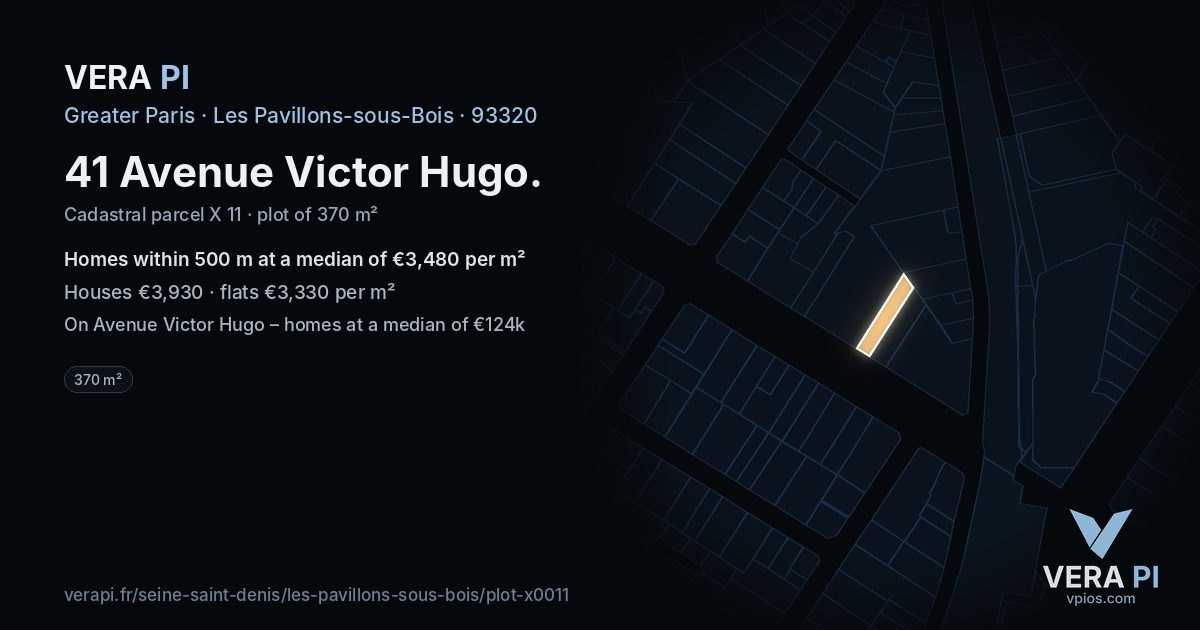41 Avenue Victor Hugo, Les Pavillons-sous-Bois at night – the plot lit, the parcels around coloured by the prices near them