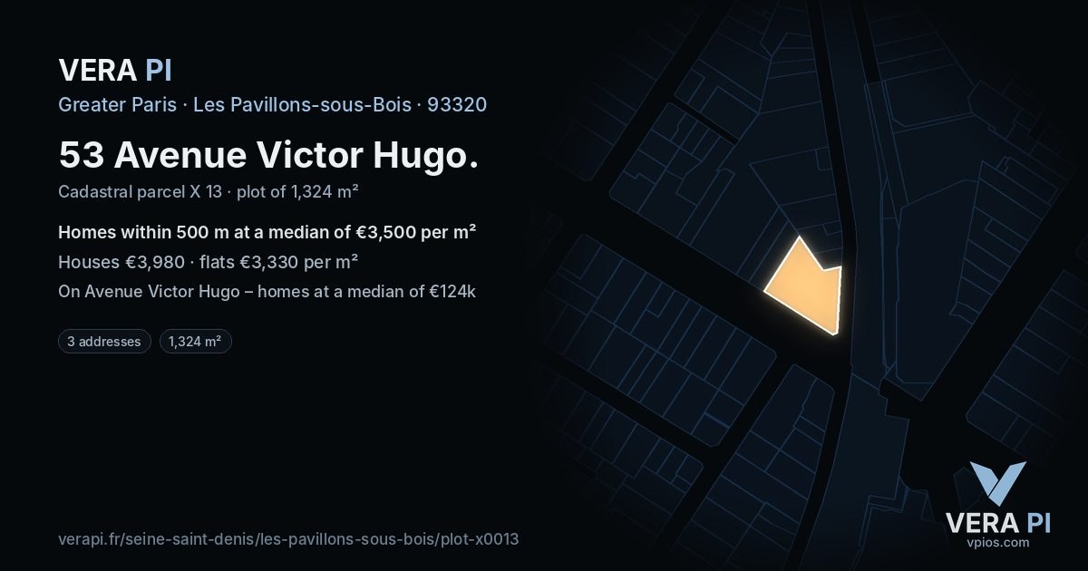 53 Avenue Victor Hugo, Les Pavillons-sous-Bois at night – the plot lit, the parcels around coloured by the prices near them