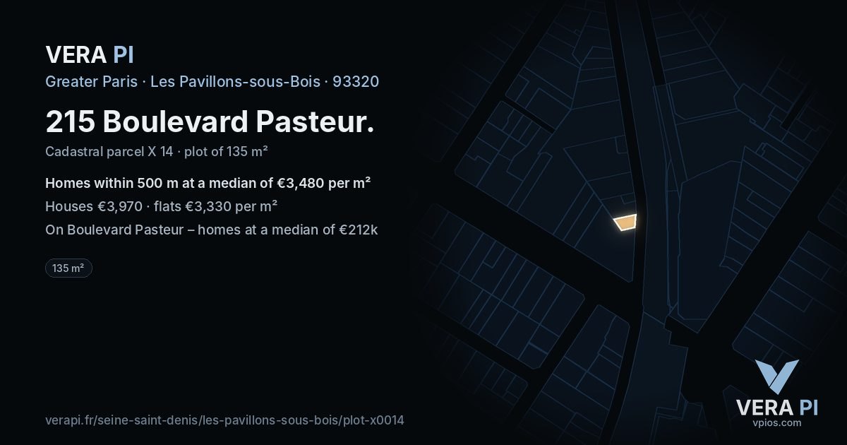215 Boulevard Pasteur, Les Pavillons-sous-Bois at night – the plot lit, the parcels around coloured by the prices near them
