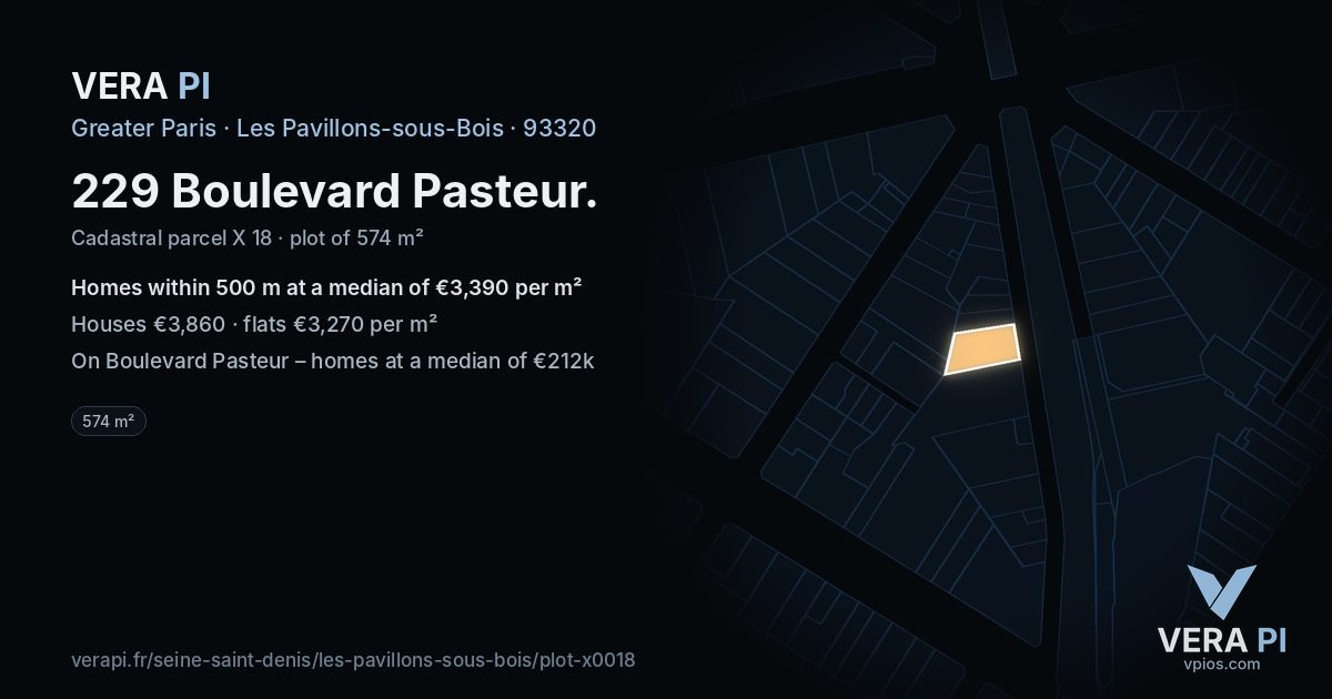 229 Boulevard Pasteur, Les Pavillons-sous-Bois at night – the plot lit, the parcels around coloured by the prices near them