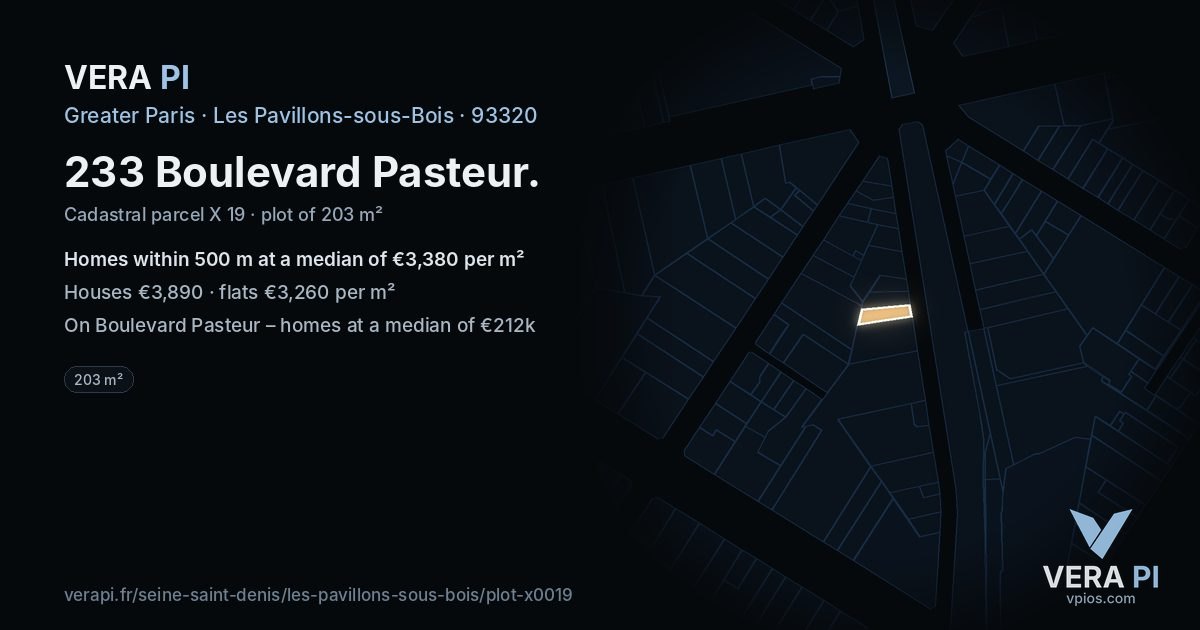 233 Boulevard Pasteur, Les Pavillons-sous-Bois at night – the plot lit, the parcels around coloured by the prices near them