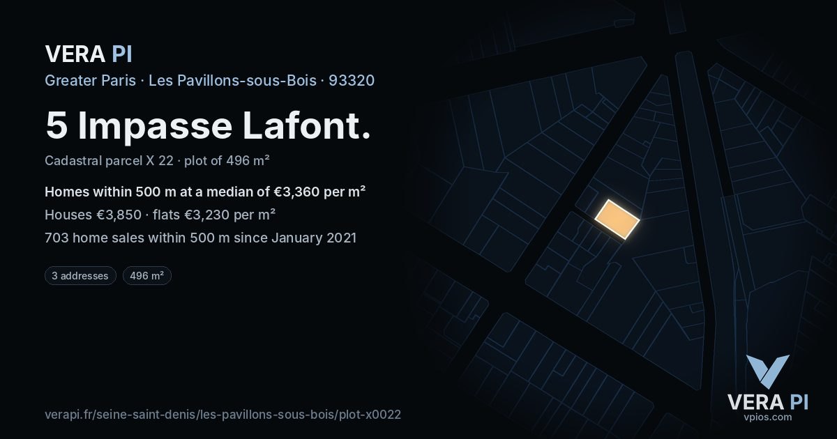 5 Impasse Lafont, Les Pavillons-sous-Bois at night – the plot lit, the parcels around coloured by the prices near them