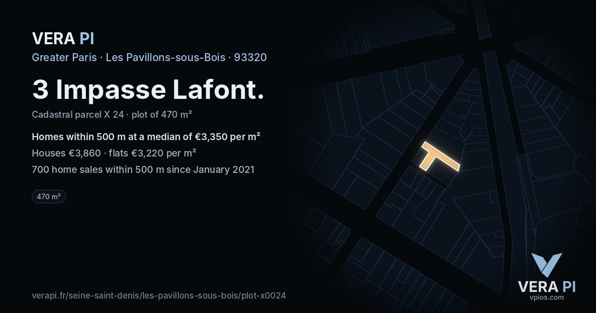 3 Impasse Lafont, Les Pavillons-sous-Bois at night – the plot lit, the parcels around coloured by the prices near them