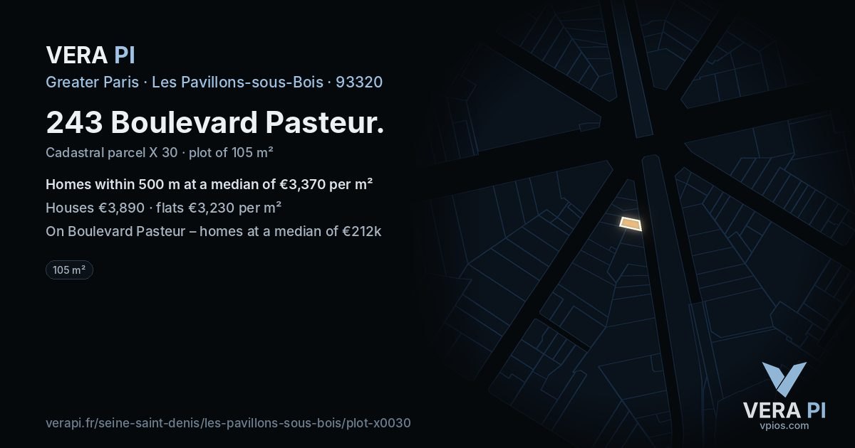 243 Boulevard Pasteur, Les Pavillons-sous-Bois at night – the plot lit, the parcels around coloured by the prices near them
