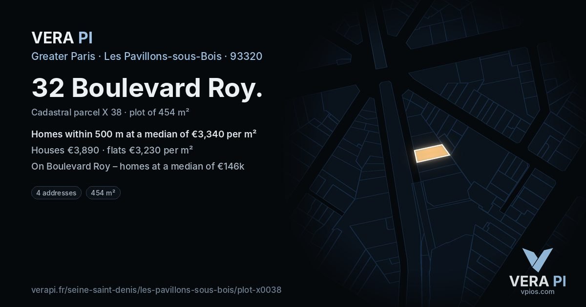 32 Boulevard Roy, Les Pavillons-sous-Bois at night – the plot lit, the parcels around coloured by the prices near them