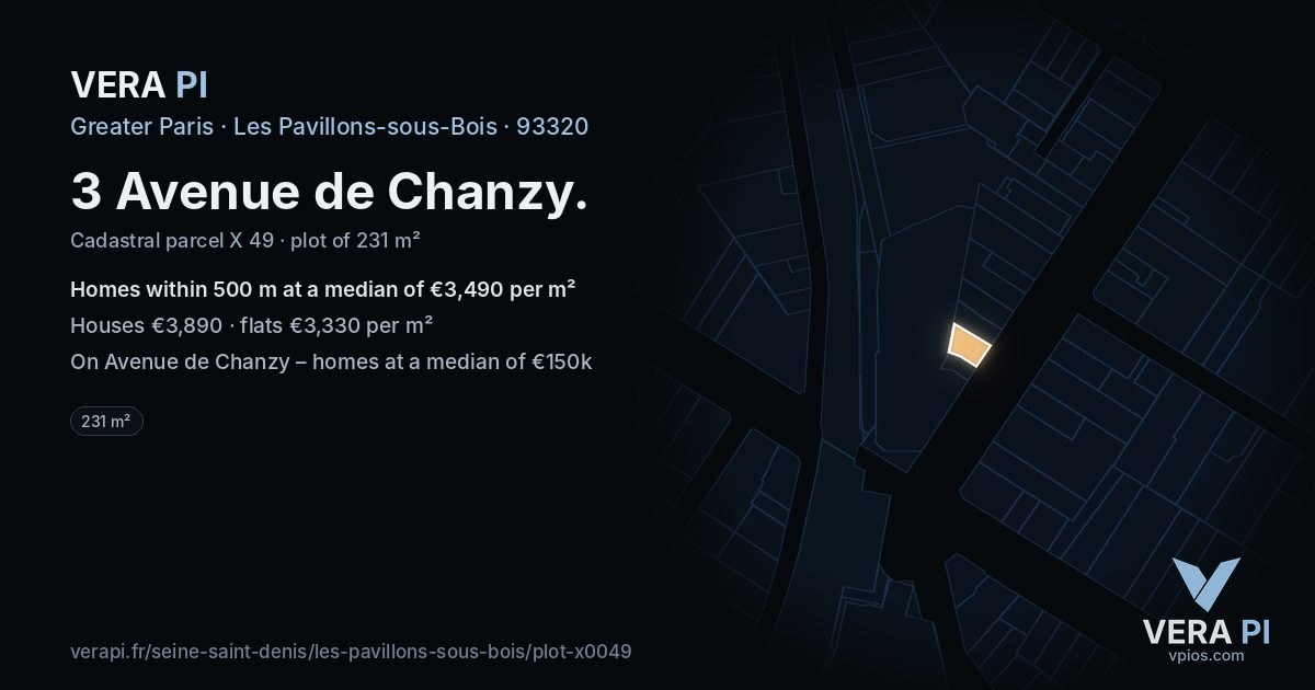 3 Avenue de Chanzy, Les Pavillons-sous-Bois at night – the plot lit, the parcels around coloured by the prices near them