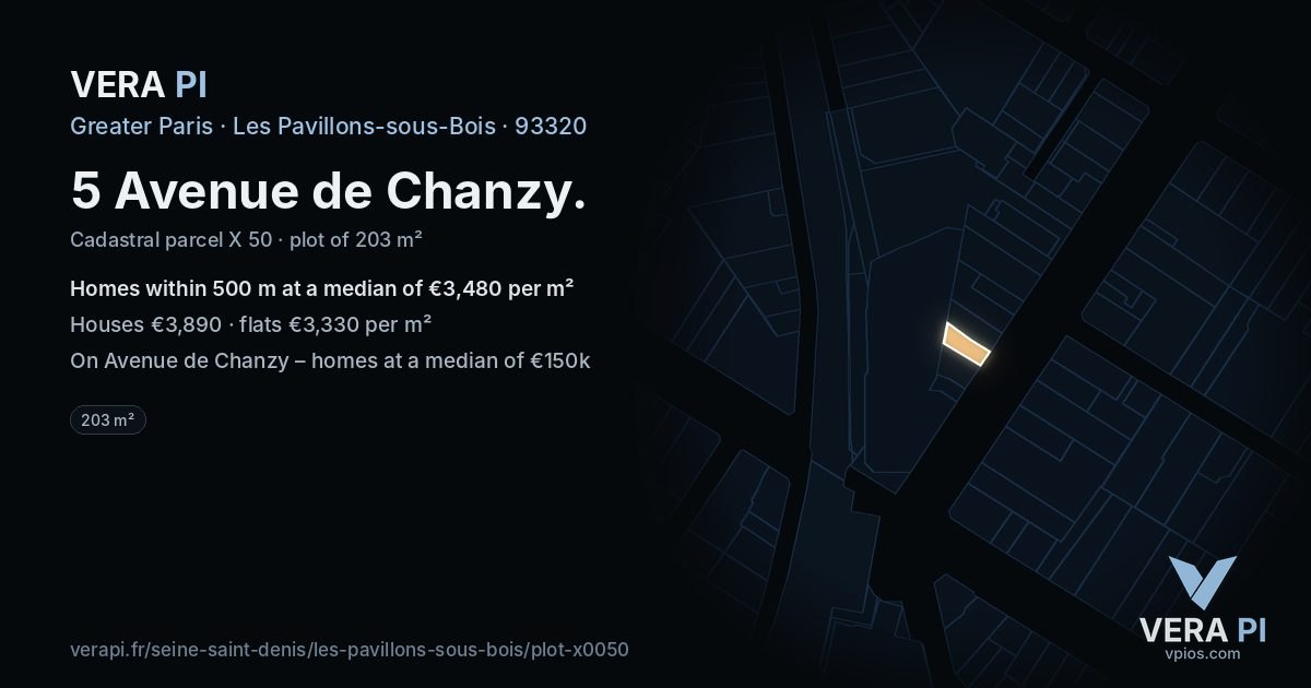5 Avenue de Chanzy, Les Pavillons-sous-Bois at night – the plot lit, the parcels around coloured by the prices near them