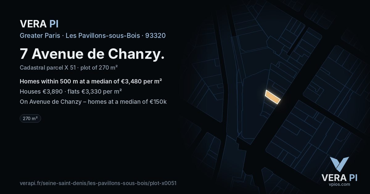 7 Avenue de Chanzy, Les Pavillons-sous-Bois at night – the plot lit, the parcels around coloured by the prices near them