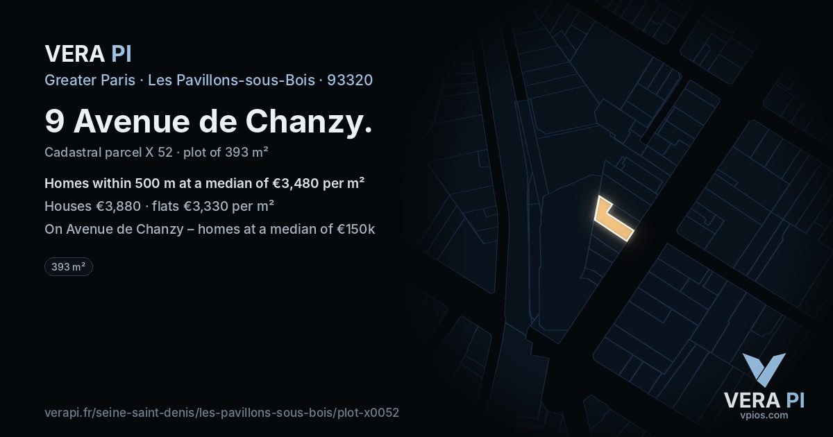 9 Avenue de Chanzy, Les Pavillons-sous-Bois at night – the plot lit, the parcels around coloured by the prices near them