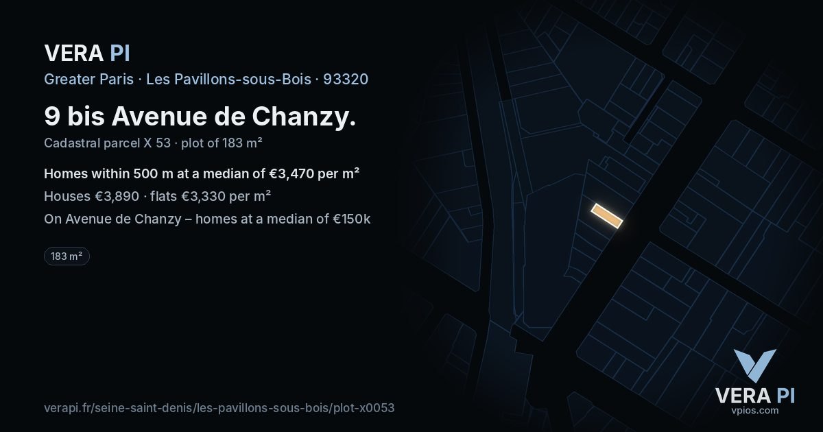 9 bis Avenue de Chanzy, Les Pavillons-sous-Bois at night – the plot lit, the parcels around coloured by the prices near them
