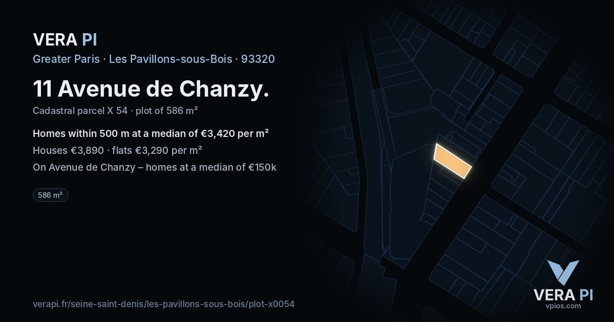 11 Avenue de Chanzy, Les Pavillons-sous-Bois at night – the plot lit, the parcels around coloured by the prices near them