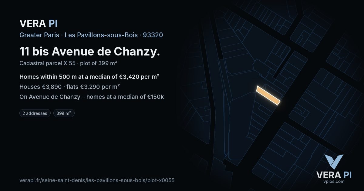 11 bis Avenue de Chanzy, Les Pavillons-sous-Bois at night – the plot lit, the parcels around coloured by the prices near them