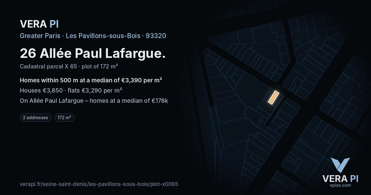26 Allée Paul Lafargue, Les Pavillons-sous-Bois at night – the plot lit, the parcels around coloured by the prices near them