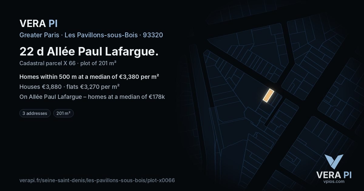 22 d Allée Paul Lafargue, Les Pavillons-sous-Bois at night – the plot lit, the parcels around coloured by the prices near them