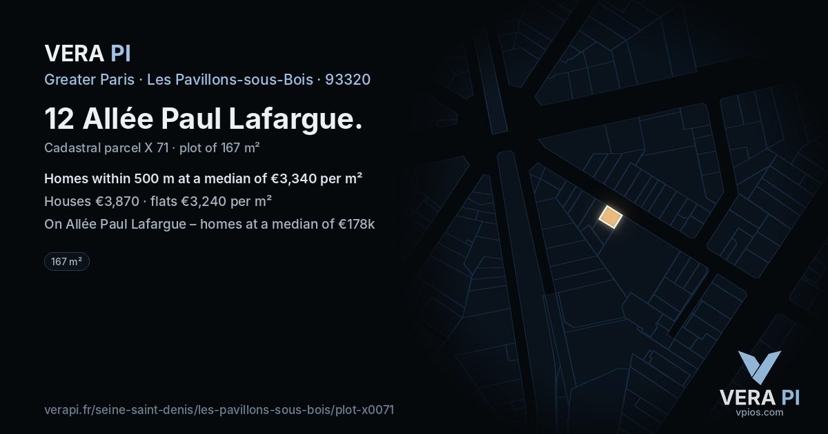12 Allée Paul Lafargue, Les Pavillons-sous-Bois at night – the plot lit, the parcels around coloured by the prices near them