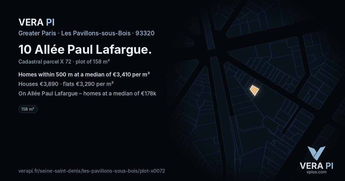 10 Allée Paul Lafargue, Les Pavillons-sous-Bois at night – the plot lit, the parcels around coloured by the prices near them