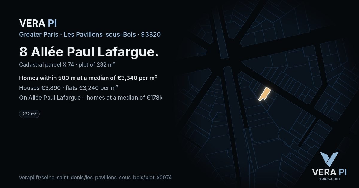 8 Allée Paul Lafargue, Les Pavillons-sous-Bois at night – the plot lit, the parcels around coloured by the prices near them