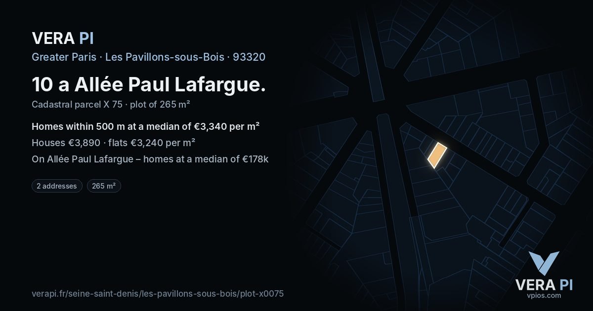 10 a Allée Paul Lafargue, Les Pavillons-sous-Bois at night – the plot lit, the parcels around coloured by the prices near them