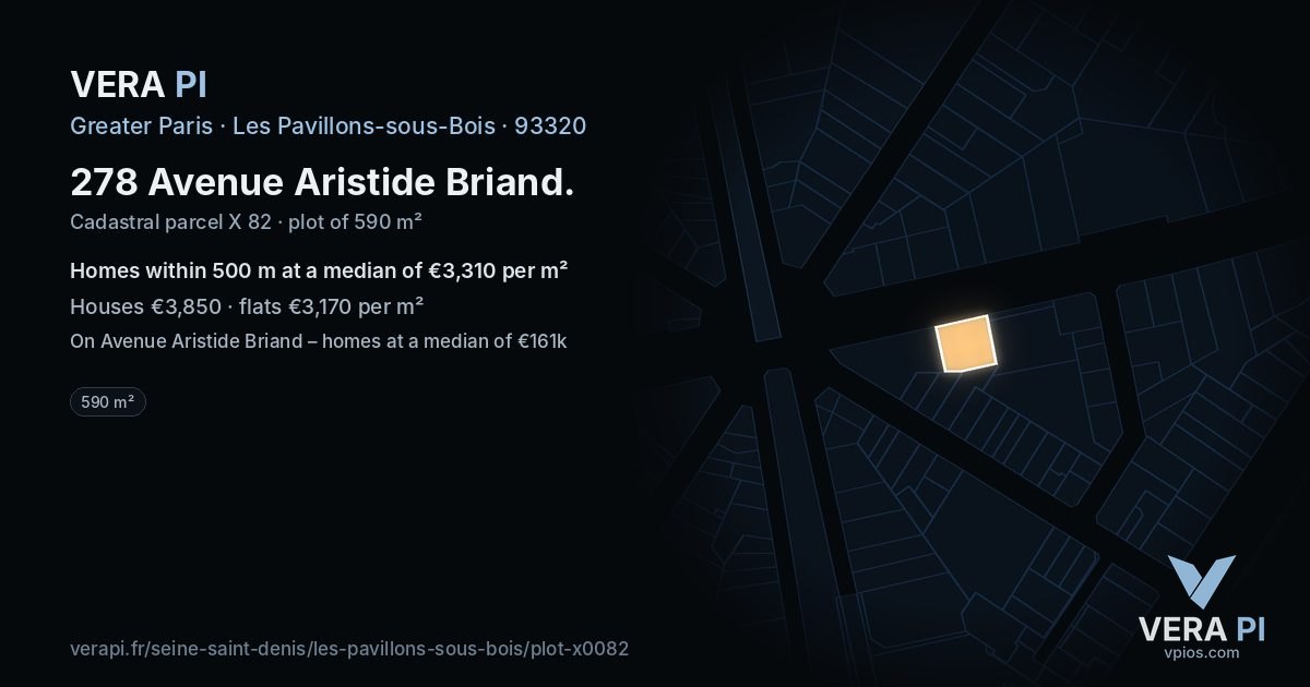 278 Avenue Aristide Briand, Les Pavillons-sous-Bois at night – the plot lit, the parcels around coloured by the prices near them