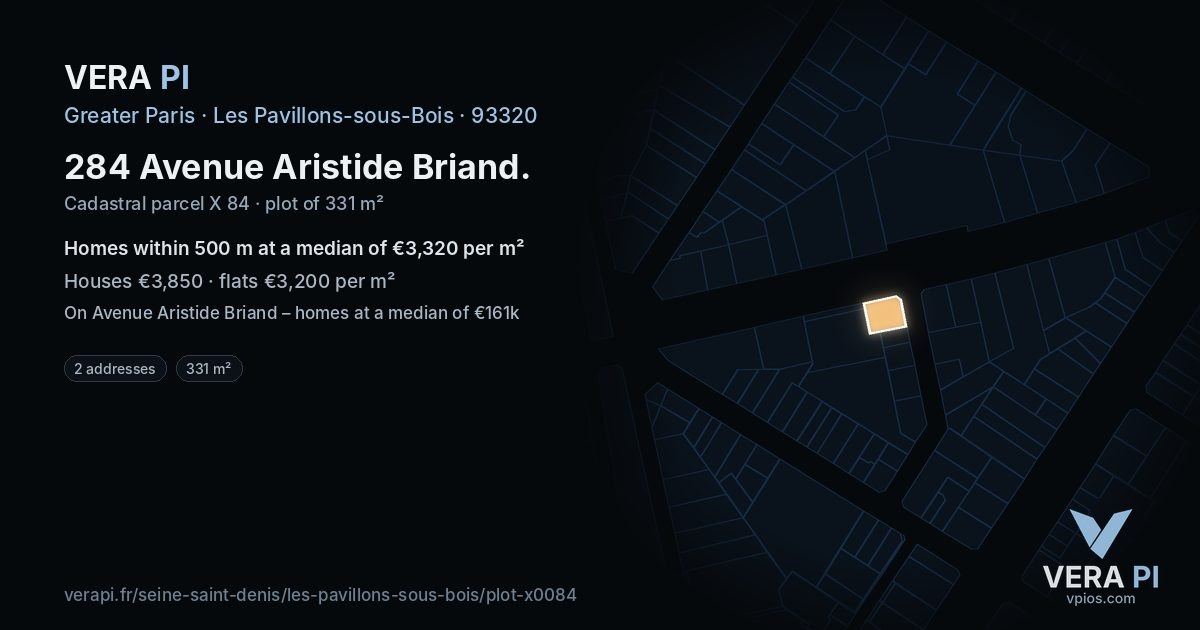 284 Avenue Aristide Briand, Les Pavillons-sous-Bois at night – the plot lit, the parcels around coloured by the prices near them