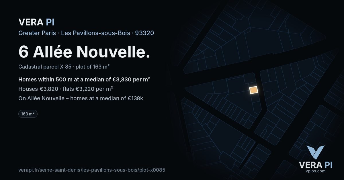 6 Allée Nouvelle, Les Pavillons-sous-Bois at night – the plot lit, the parcels around coloured by the prices near them