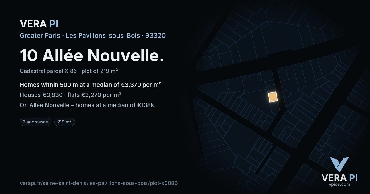 10 Allée Nouvelle, Les Pavillons-sous-Bois at night – the plot lit, the parcels around coloured by the prices near them