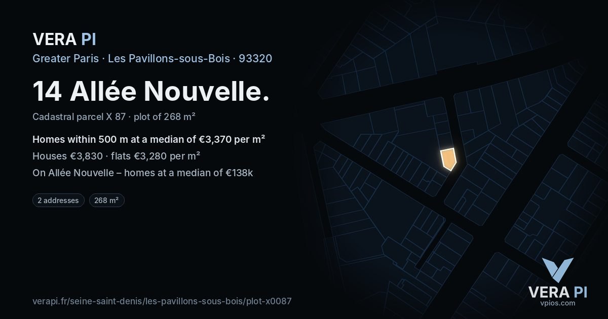 14 Allée Nouvelle, Les Pavillons-sous-Bois at night – the plot lit, the parcels around coloured by the prices near them