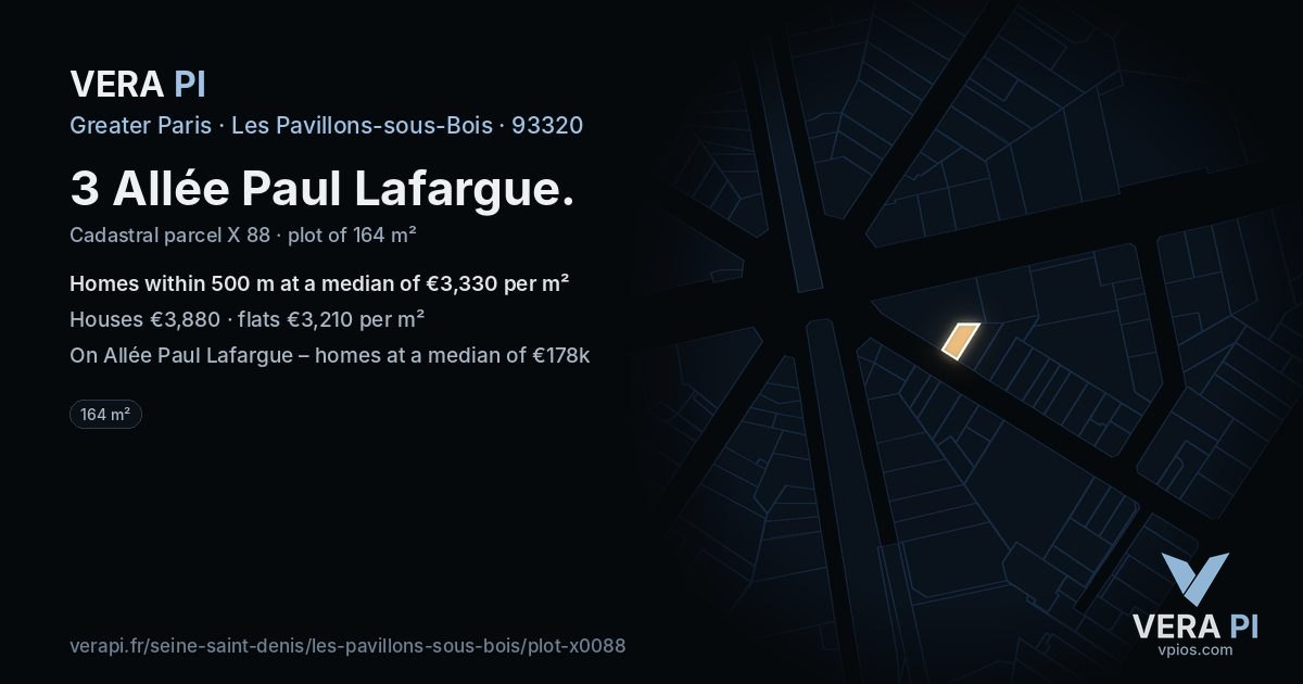 3 Allée Paul Lafargue, Les Pavillons-sous-Bois at night – the plot lit, the parcels around coloured by the prices near them