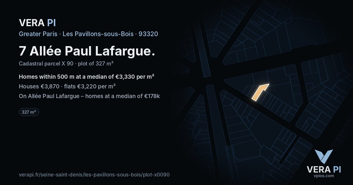 7 Allée Paul Lafargue, Les Pavillons-sous-Bois at night – the plot lit, the parcels around coloured by the prices near them
