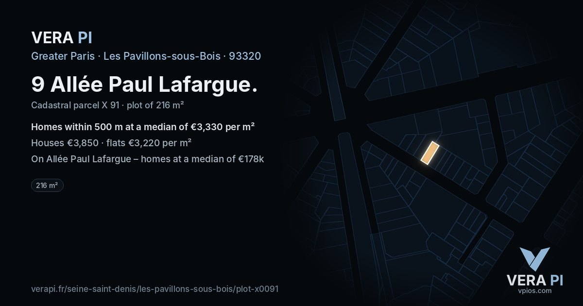 9 Allée Paul Lafargue, Les Pavillons-sous-Bois at night – the plot lit, the parcels around coloured by the prices near them