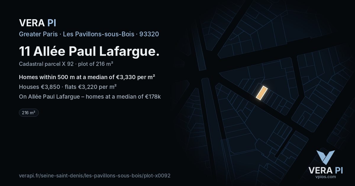 11 Allée Paul Lafargue, Les Pavillons-sous-Bois at night – the plot lit, the parcels around coloured by the prices near them