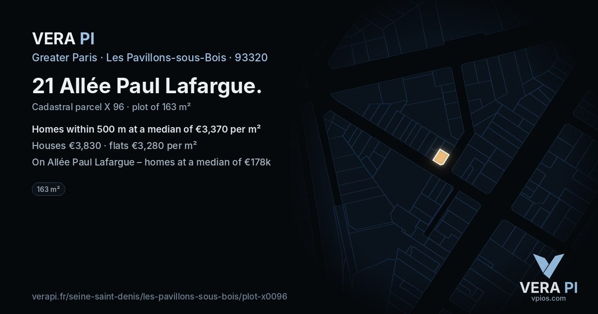 21 Allée Paul Lafargue, Les Pavillons-sous-Bois at night – the plot lit, the parcels around coloured by the prices near them