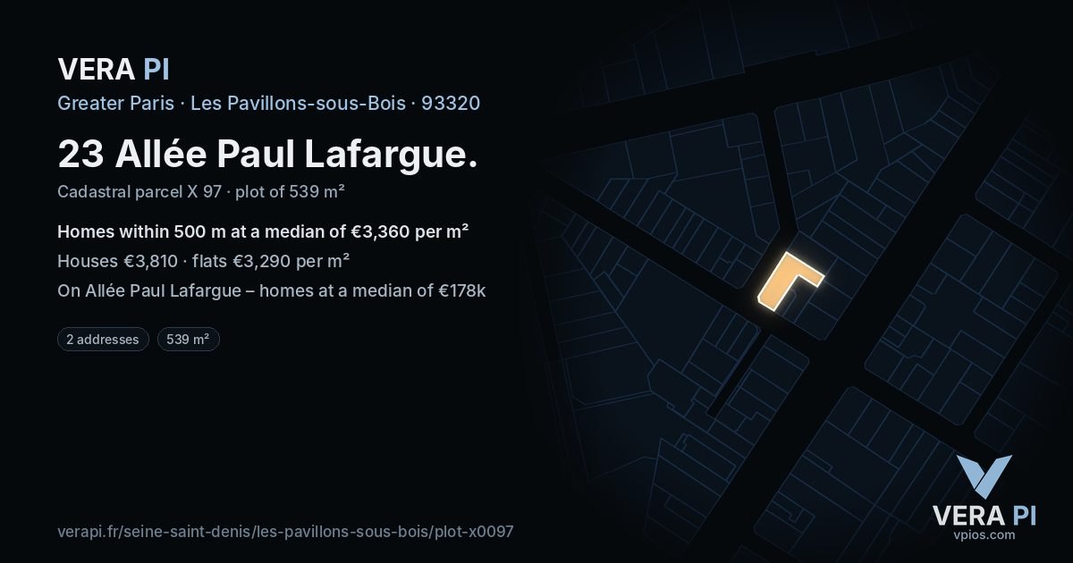 23 Allée Paul Lafargue, Les Pavillons-sous-Bois at night – the plot lit, the parcels around coloured by the prices near them