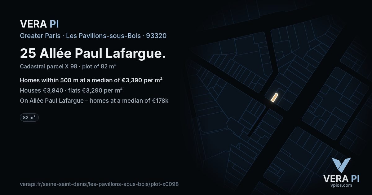25 Allée Paul Lafargue, Les Pavillons-sous-Bois at night – the plot lit, the parcels around coloured by the prices near them