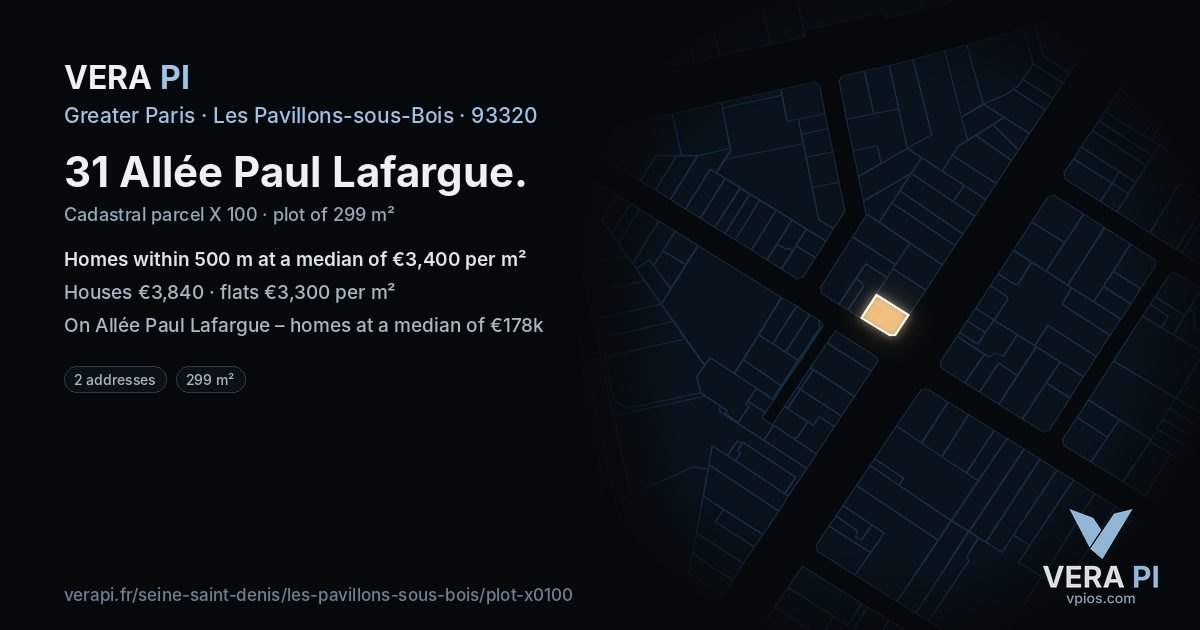 31 Allée Paul Lafargue, Les Pavillons-sous-Bois at night – the plot lit, the parcels around coloured by the prices near them