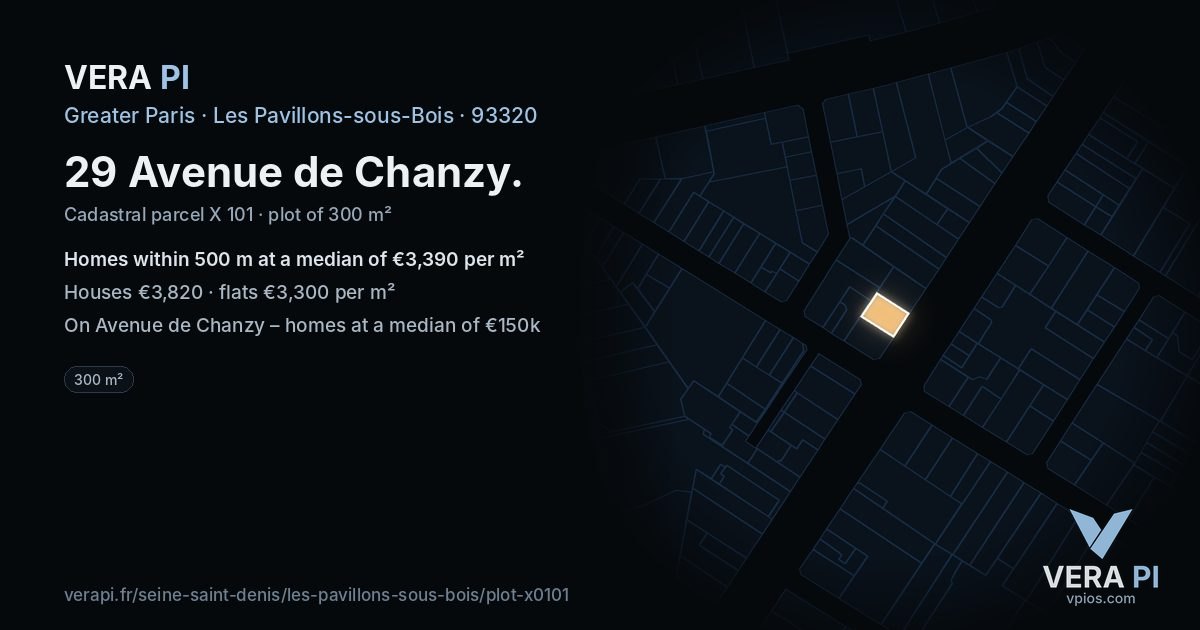 29 Avenue de Chanzy, Les Pavillons-sous-Bois at night – the plot lit, the parcels around coloured by the prices near them
