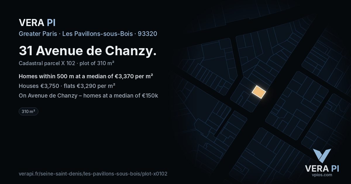 31 Avenue de Chanzy, Les Pavillons-sous-Bois at night – the plot lit, the parcels around coloured by the prices near them