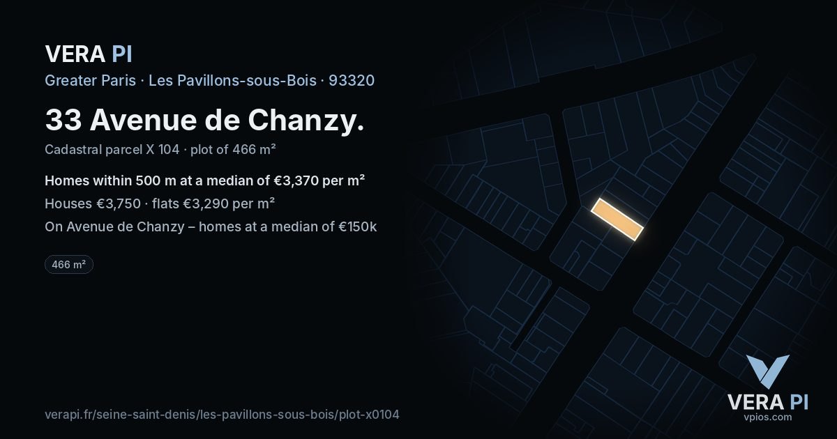 33 Avenue de Chanzy, Les Pavillons-sous-Bois at night – the plot lit, the parcels around coloured by the prices near them